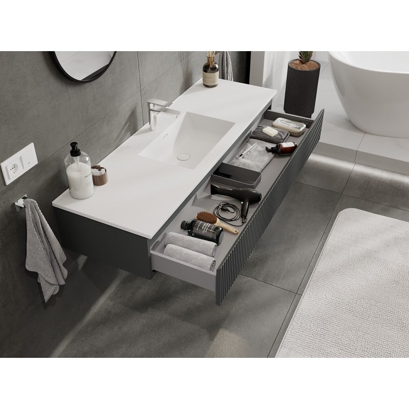 Mexen Rivel meuble de salle de bain 140 cm avec lavabo Otis, 1 tiroir, rainuré, graphite mat/blanc mat -
