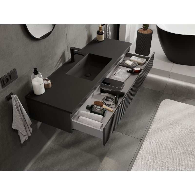 Mexen Rivel meuble de salle de bain 140 cm avec lave-mains Otis, 1 tiroir, rainuré, noir mat - 91A20-14023-1-BF71-W18M71