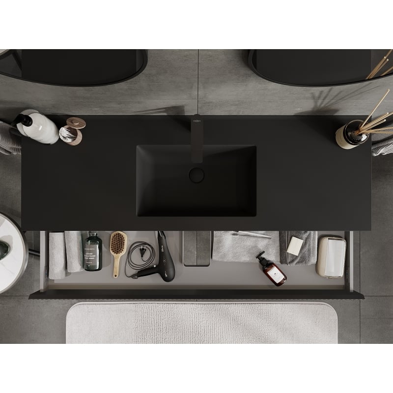 Mexen Rivel meuble de salle de bain 140 cm avec lave-mains Otis, 1 tiroir, rainuré, noir mat - 91A20-14023-1-BF71-W18M71