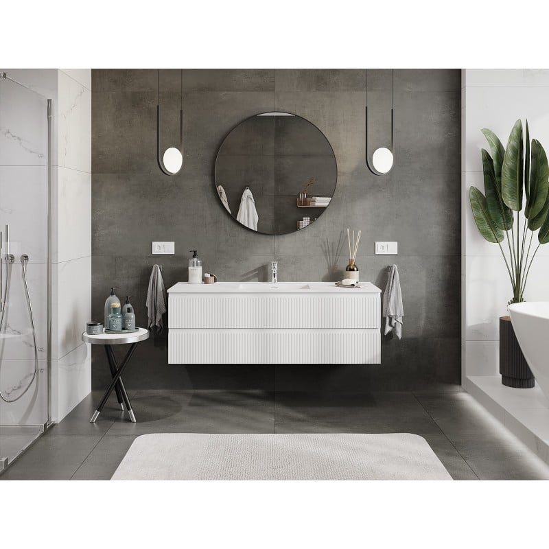 Mexen Rivel meuble de salle de bain 140 cm avec lavabo Otis, 2 tiroirs, rainuré, blanc mat - 91A20-14047-2-BFF01-W18M01