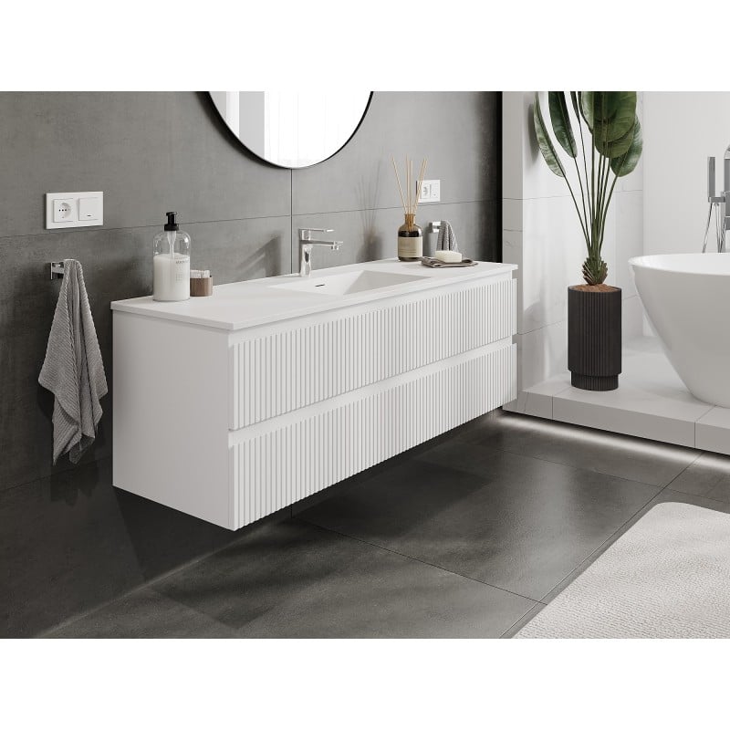 Mexen Rivel meuble de salle de bain 140 cm avec lavabo Otis, 2 tiroirs, rainuré, blanc mat - 91A20-14047-2-BFF01-W18M01