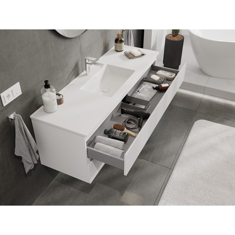 Mexen Rivel meuble de salle de bain 140 cm avec lavabo Otis, 2 tiroirs, rainuré, blanc mat - 91A20-14047-2-BFF01-W18M01