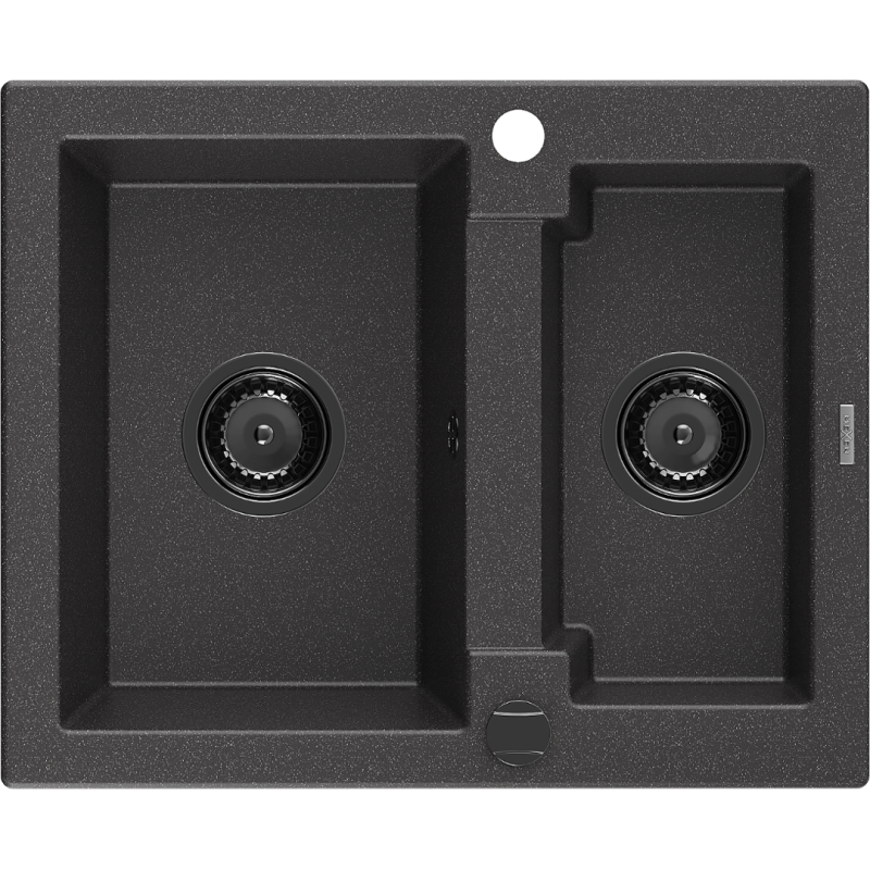 Mexen Carlos évier en granit 1,5 bac 582 x 475 mm, noir moucheté, siphon noir - 6518581500-76-B
