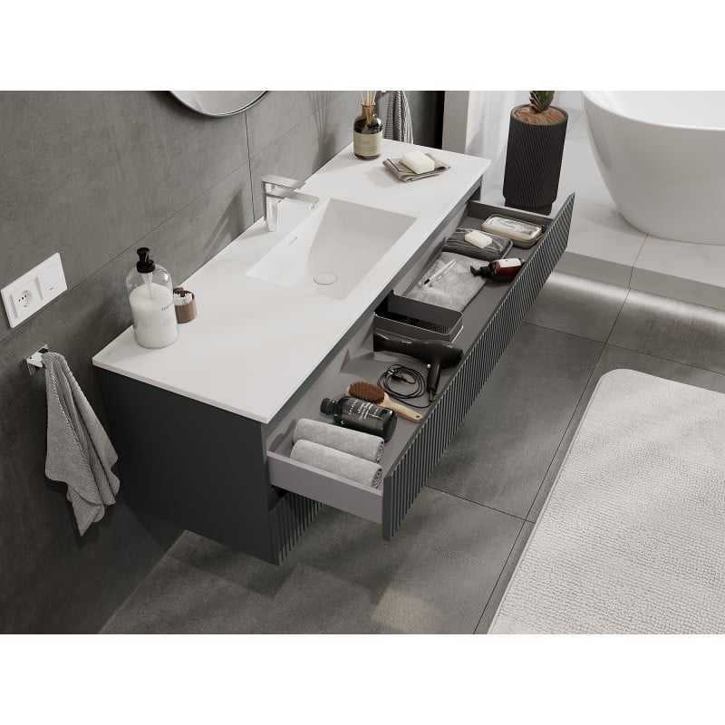 Mexen Rivel meuble de salle de bain 140 cm avec lavabo Otis, 2 tiroirs, rainuré, graphite mat/blanc mat -