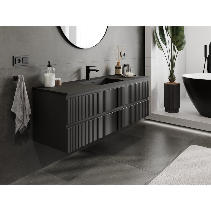 Mexen Rivel meuble de salle de bain 140 cm avec lavabo Otis, 2 tiroirs, rainuré, noir mat - 91A20-14047-2-BFF71-W18M71