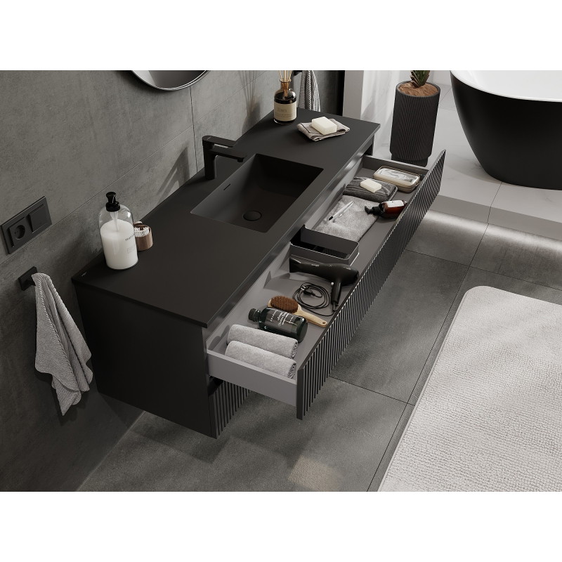 Mexen Rivel meuble de salle de bain 140 cm avec lavabo Otis, 2 tiroirs, rainuré, noir mat - 91A20-14047-2-BFF71-W18M71
