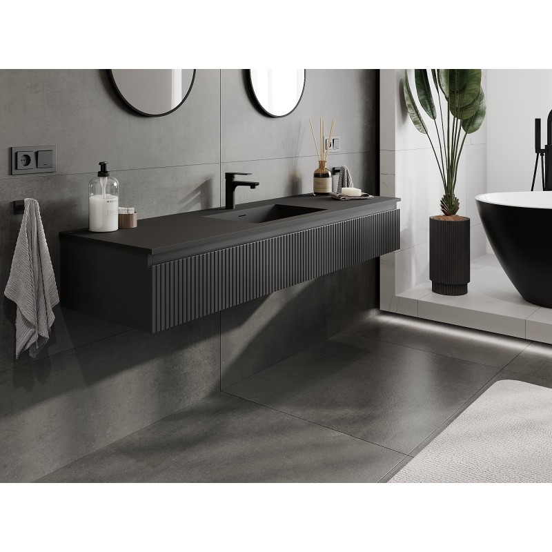 Mexen Rivel meuble de salle de bain 160 cm avec lavabo Otis, 1 tiroir, rainuré, noir mat - 91A20-16023-1-BF71-W18M71