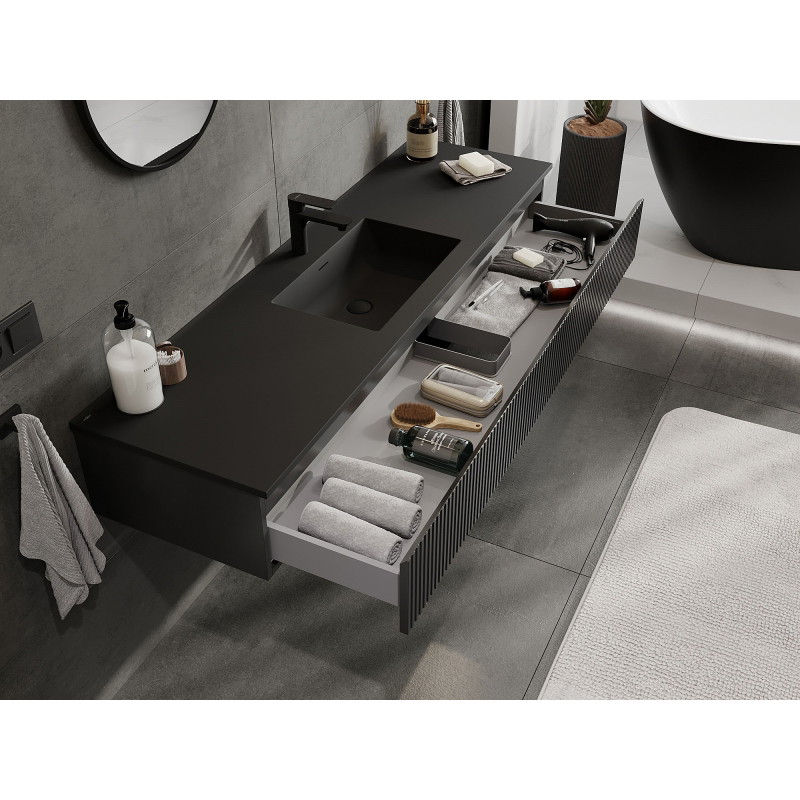 Mexen Rivel meuble de salle de bain 160 cm avec lavabo Otis, 1 tiroir, rainuré, noir mat - 91A20-16023-1-BF71-W18M71