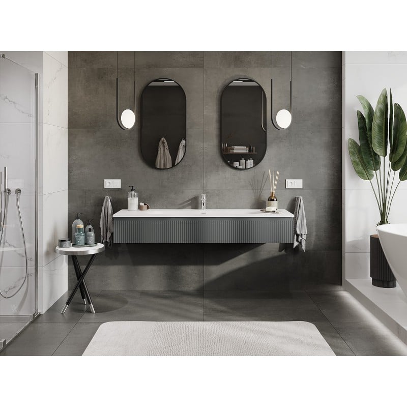 Mexen Rivel armoire de salle de bains 160 cm avec lavabo Vela, 1 tiroir, rainurée, graphite mat/blanc mat -
