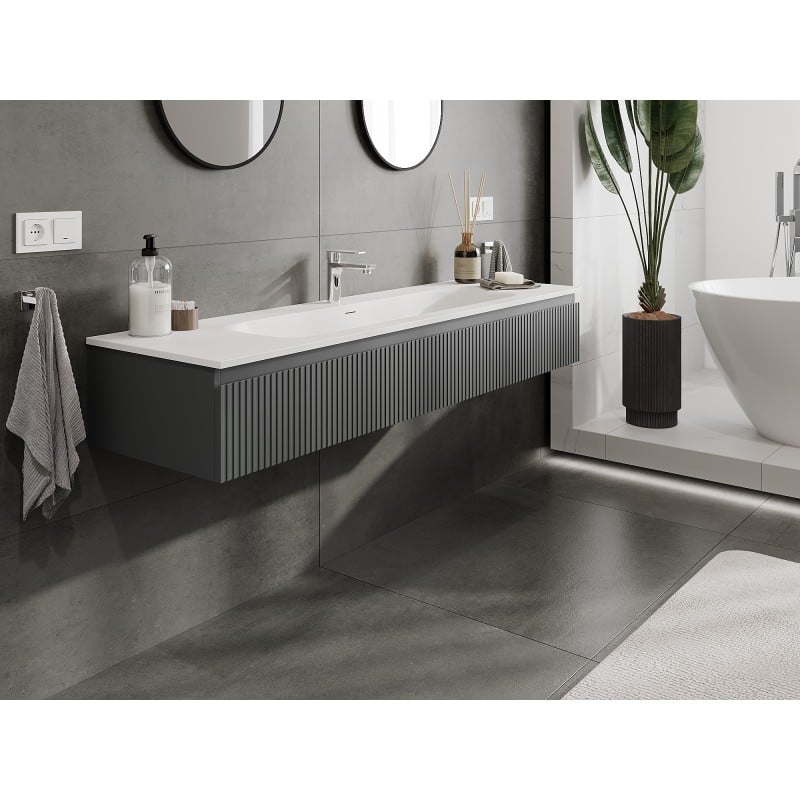 Mexen Rivel armoire de salle de bains 160 cm avec lavabo Vela, 1 tiroir, rainurée, graphite mat/blanc mat -