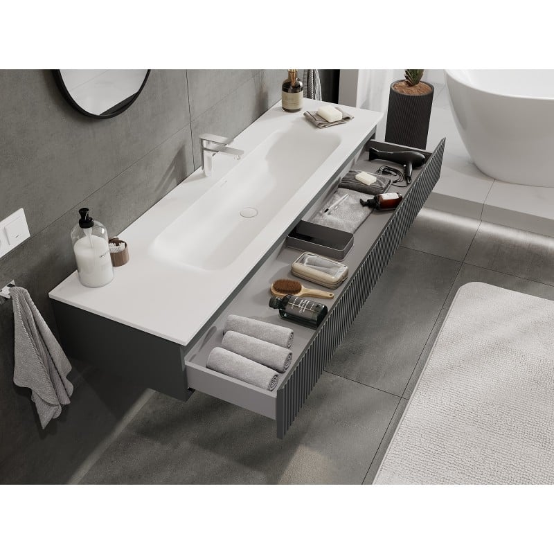 Mexen Rivel armoire de salle de bains 160 cm avec lavabo Vela, 1 tiroir, rainurée, graphite mat/blanc mat -