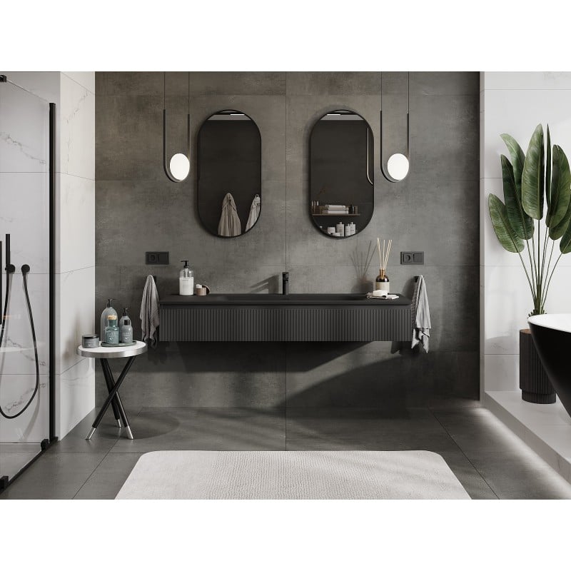 Mexen Rivel meuble de salle de bain 160 cm avec lavabo Vela, 1 tiroir, rainuré, noir mat - 91A20-16023-1-BF71-W23M71