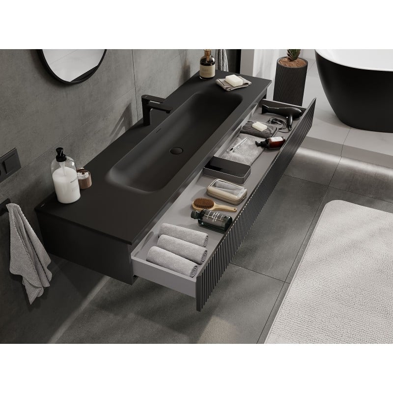 Mexen Rivel meuble de salle de bain 160 cm avec lavabo Vela, 1 tiroir, rainuré, noir mat - 91A20-16023-1-BF71-W23M71