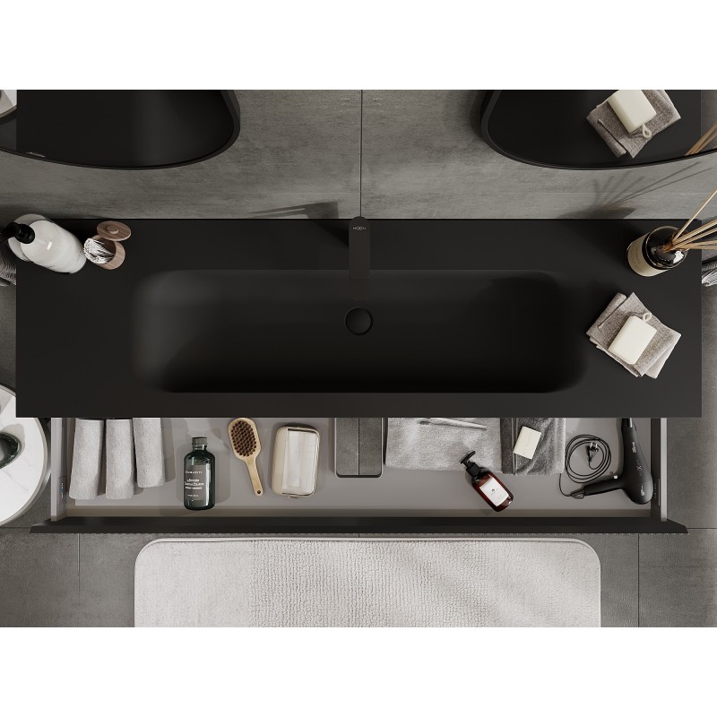 Mexen Rivel meuble de salle de bain 160 cm avec lavabo Vela, 1 tiroir, rainuré, noir mat - 91A20-16023-1-BF71-W23M71