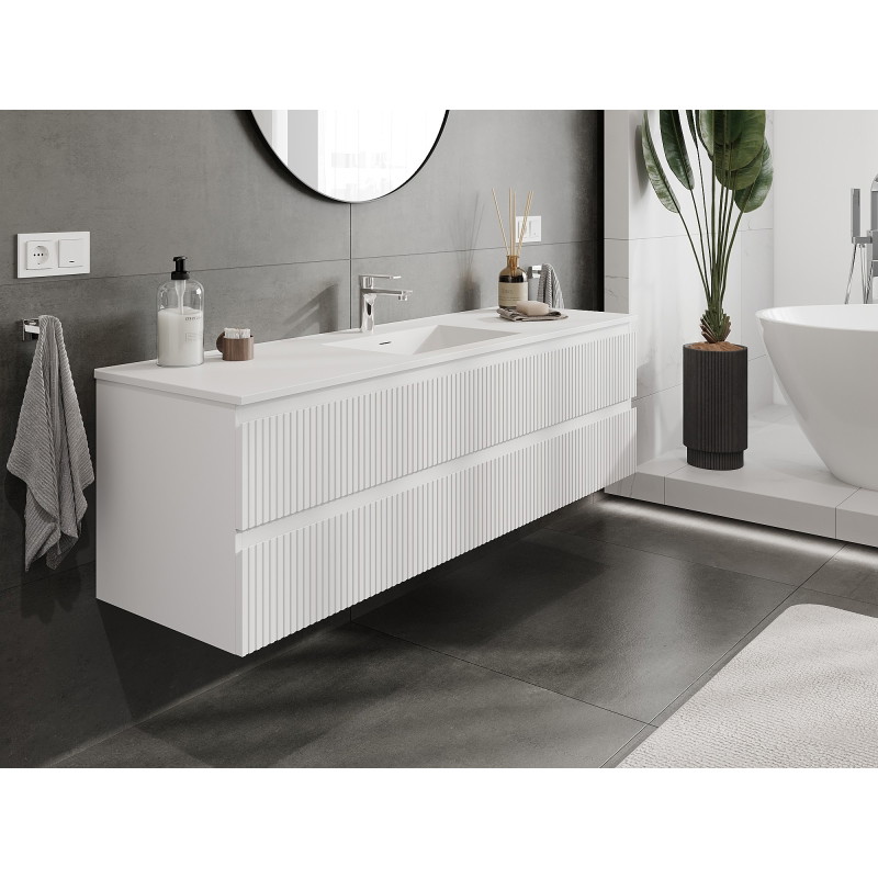 Mexen Rivel meuble de salle de bains 160 cm avec lavabo Otis, 2 tiroirs, rainuré, blanc mat - 91A20-16047-2-BFF01-W18M01