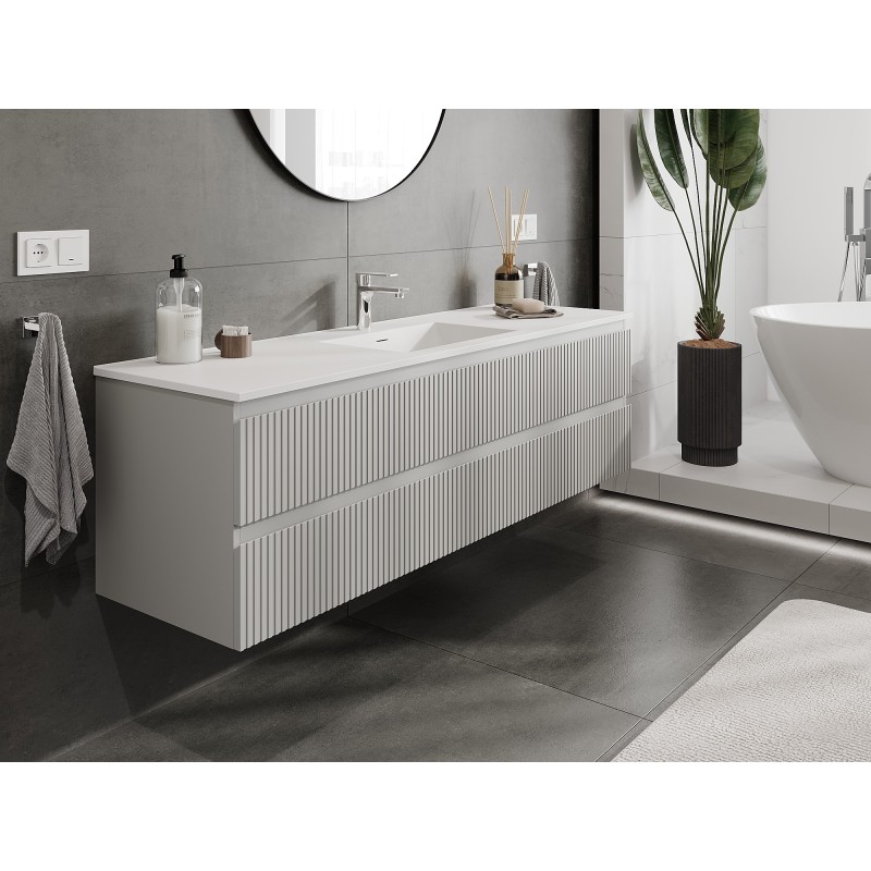 Mexen Rivel armoire de salle de bain 160 cm avec lavabo Otis, 2 tiroirs, rainurée, gris mat/blanc mat -