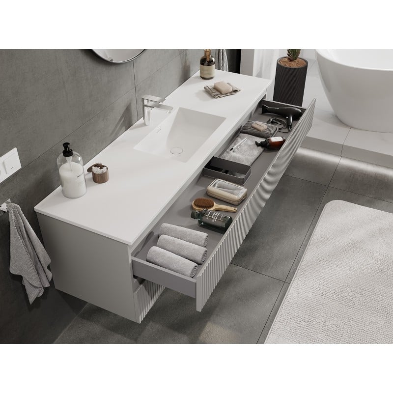 Mexen Rivel armoire de salle de bain 160 cm avec lavabo Otis, 2 tiroirs, rainurée, gris mat/blanc mat -