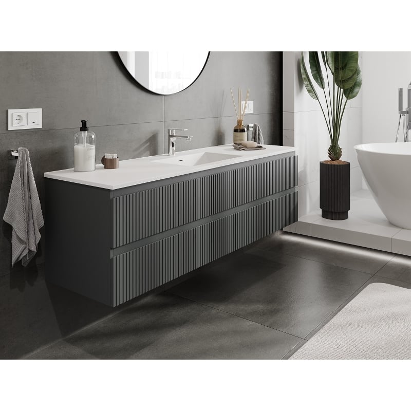 Mexen Rivel meuble de salle de bain 160 cm avec lavabo Otis, 2 tiroirs, rainuré, graphite mat/blanc mat -