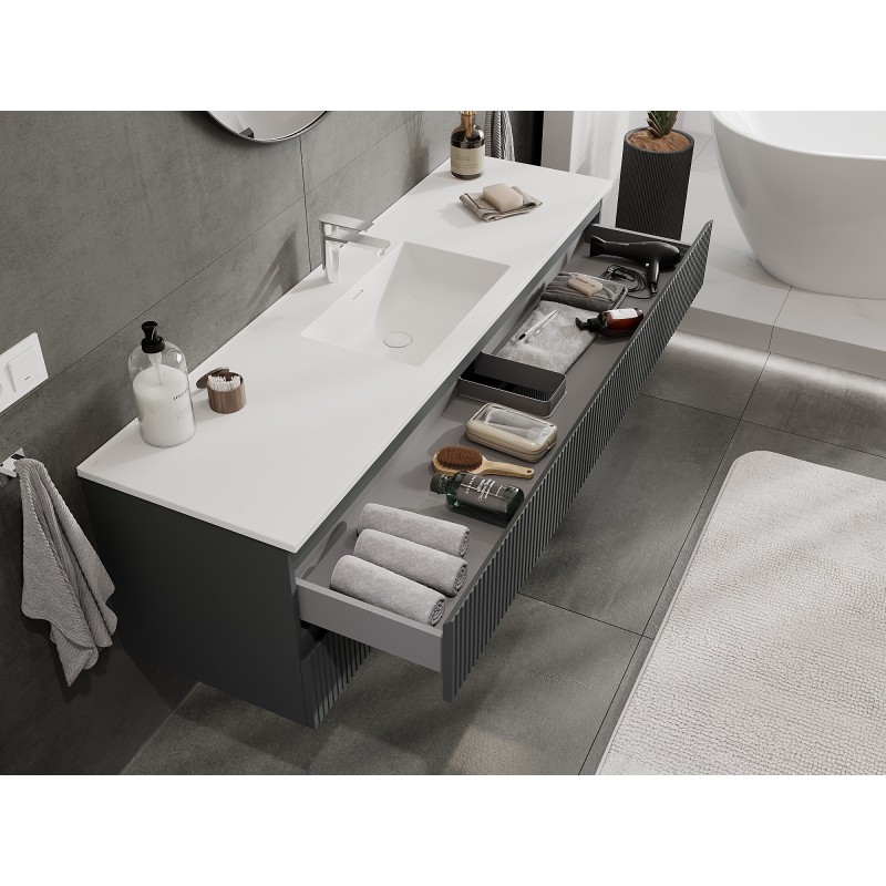 Mexen Rivel meuble de salle de bain 160 cm avec lavabo Otis, 2 tiroirs, rainuré, graphite mat/blanc mat -
