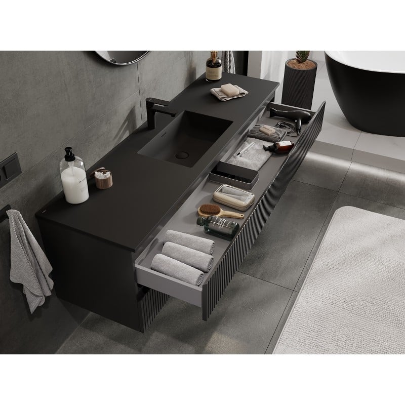 Mexen Rivel meuble de salle de bain 160 cm avec lavabo Otis, 2 tiroirs, rainuré, noir mat - 91A20-16047-2-BFF71-W18M71