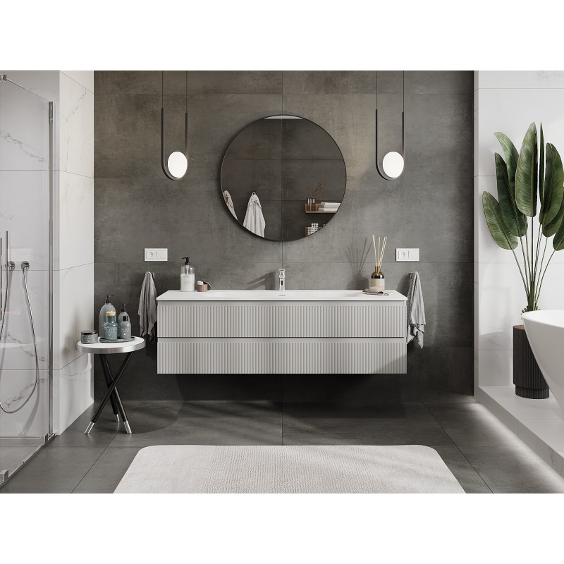 Mexen Rivel armoire de salle de bain 160 cm avec lavabo Vela, 2 tiroirs, rainurée, gris mat/blanc mat -