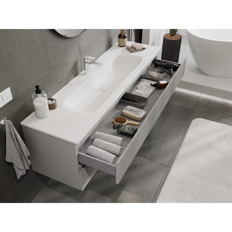 Mexen Rivel armoire de salle de bain 160 cm avec lavabo Vela, 2 tiroirs, rainurée, gris mat/blanc mat -