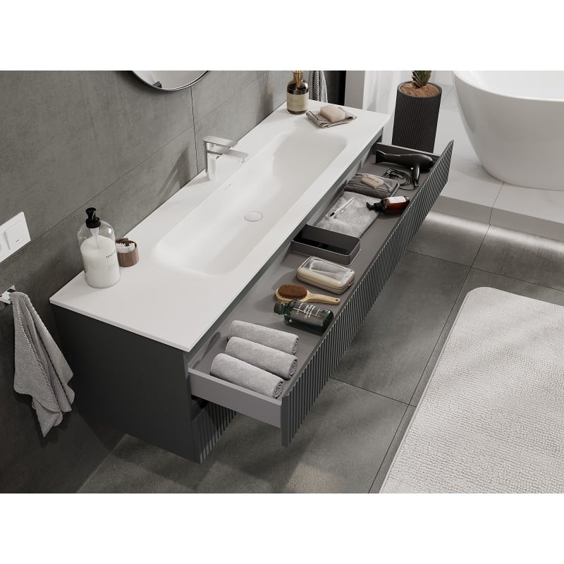 Mexen Rivel Meuble de salle de bain 160 cm avec lavabo Vela, 2 tiroirs, rainuré, graphite mat/blanc mat -