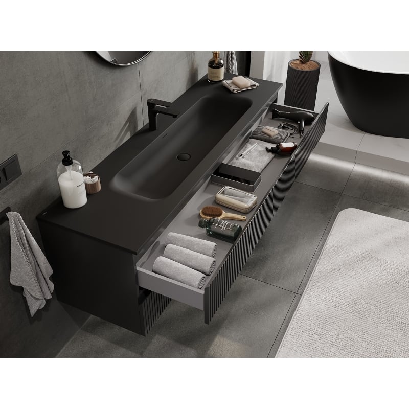 Mexen Rivel meuble de salle de bain 160 cm avec lavabo Vela, 2 tiroirs, rainuré, noir mat - 91A20-16047-2-BFF71-W23M71