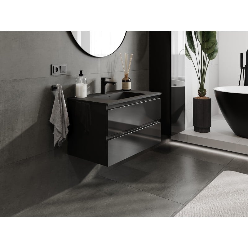 Mexen Orio armoire de salle de bain 80 cm avec lavabo Otis, 2 tiroirs, noir brillant/noir mat - 91A10-08047-2-BFF70-W18M71