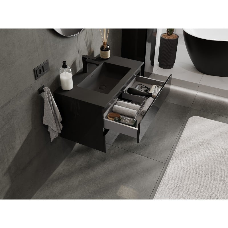 Mexen Orio armoire de salle de bain 80 cm avec lavabo Otis, 2 tiroirs, noir brillant/noir mat - 91A10-08047-2-BFF70-W18M71