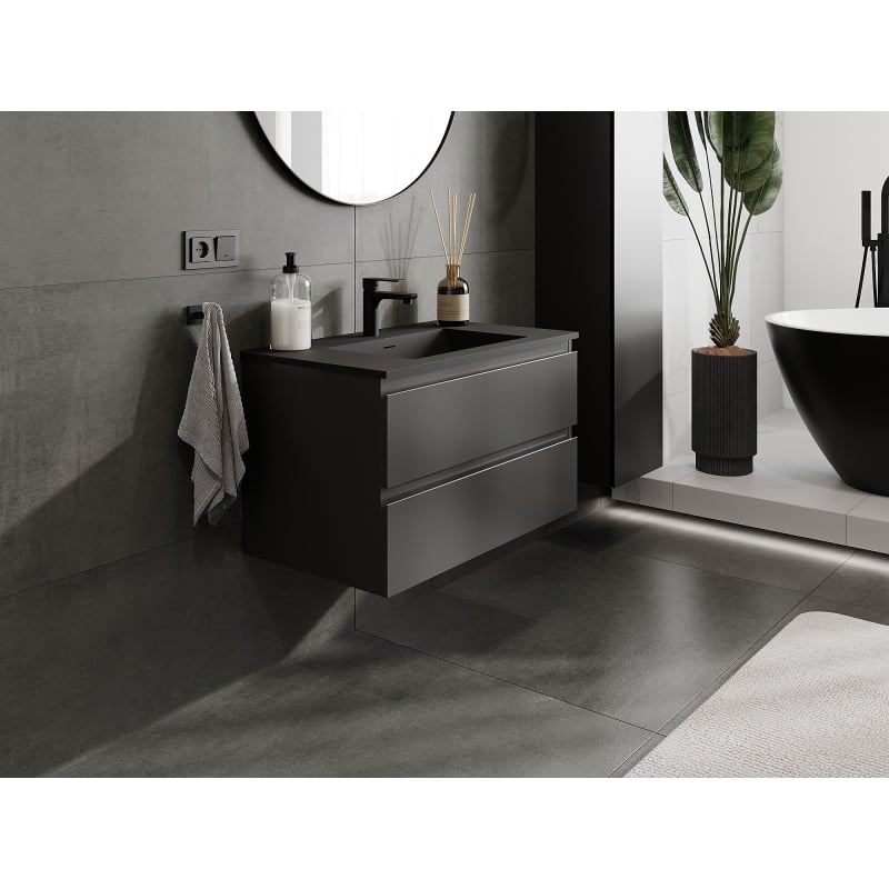 Mexen Orio armoire de salle de bains 80 cm avec lavabo Otis, 2 tiroirs, noir mat - 91A10-08047-2-BFF71-W18M71