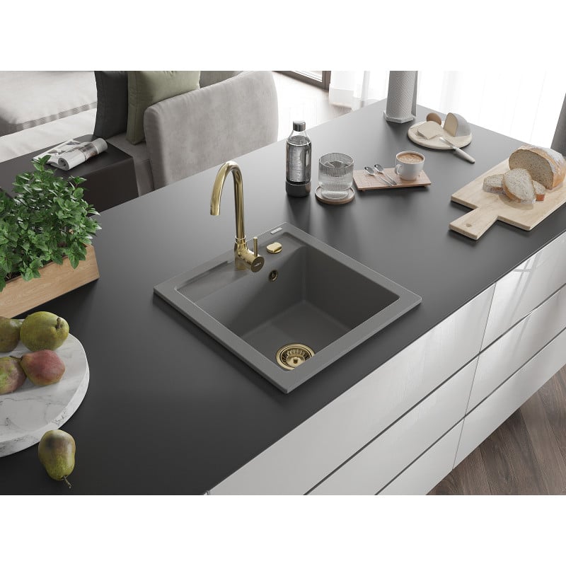 Mexen Vito évier en granit 1 bac avec robinet de cuisine Telma, gris - 6503-71-670200-50