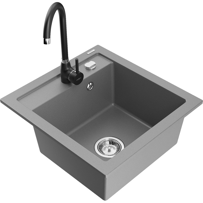 Mexen Vito évier en granit 1 bac avec robinet de cuisine Telma, gris - 6503-71-670200-70
