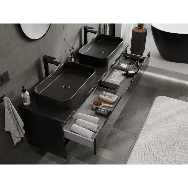 Mexen Orio meuble de salle de bain sous-lavabo 160 cm, 2 tiroirs, noir brillant - 91A10-16047-2-BFF70