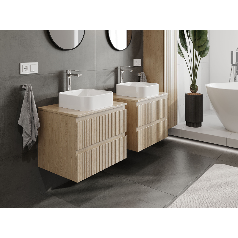 Mexen Rivel armoire de salle de bain sous lavabos 60 cm, 2 tiroirs, rainurée, chêne - 91A20-06047-2-BFF81