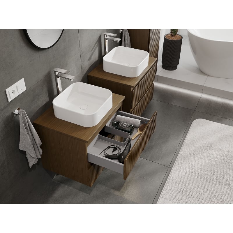 Mexen Rivel armoire de salle de bain sous lavabo 60 cm, 2 tiroirs, rainurée, noyer - 91A20-06047-2-BFF86