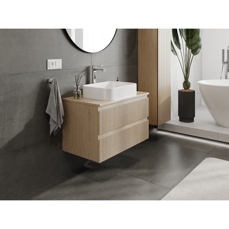 Mexen Rivel meuble de salle de bain sous lavabo 80 cm, 2 tiroirs, rainuré, chêne - 91A20-08047-2-BFF81