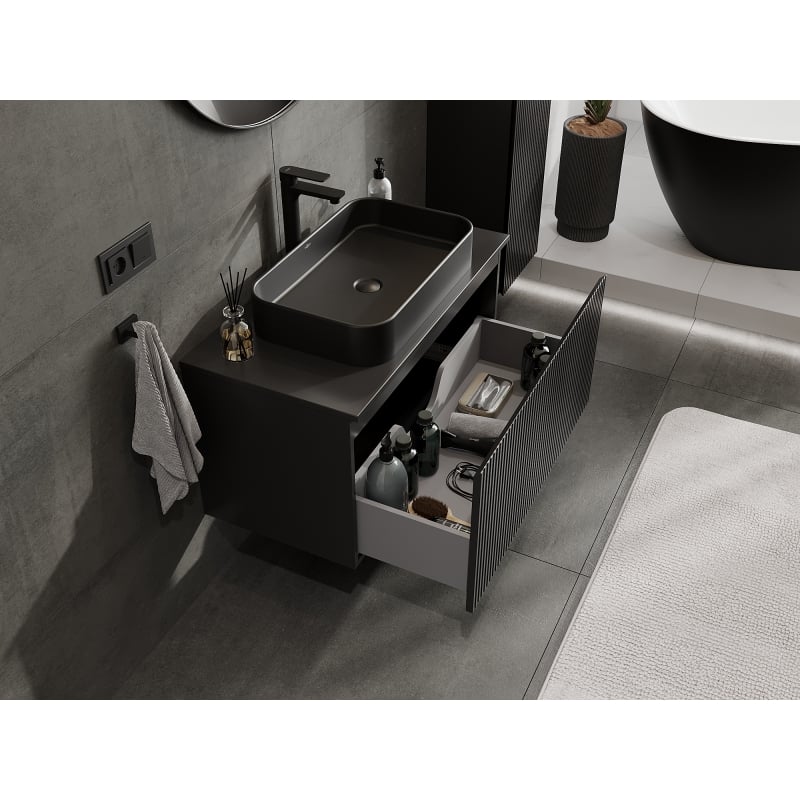 Mexen Rivel meuble de salle de bains sous lavabo 90 cm, 1 tiroir, cannelé, noir mat - 91A20-09047-1-BF71