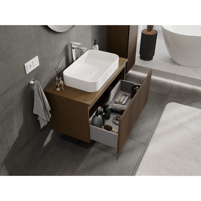 Mexen Rivel meuble lavabo 90 cm, 1 tiroir, rainuré, noyer - 91A20-09047-1-BF86