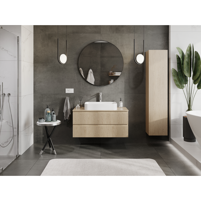 Mexen Rivel armoire de salle de bains sous vasque 100 cm, 2 tiroirs, rainurée, chêne - 91A20-10047-2-BFF81