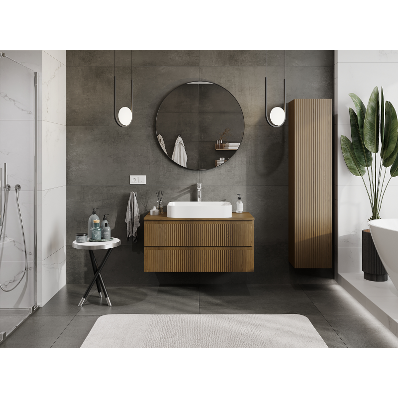 Mexen Rivel meuble de salle de bain sous lavabo 100 cm, 2 tiroirs, rainuré, noyer - 91A20-10047-2-BFF86