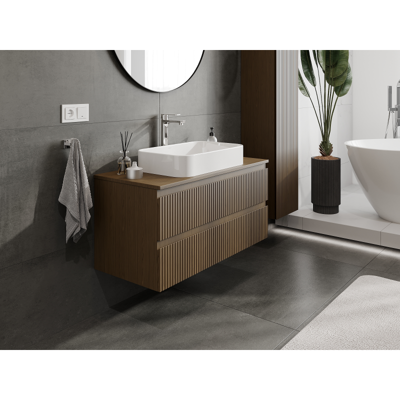 Mexen Rivel meuble de salle de bain sous lavabo 100 cm, 2 tiroirs, rainuré, noyer - 91A20-10047-2-BFF86