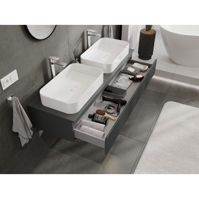Mexen Rivel armoire de salle de bain sous lavabo 140 cm, 1 tiroir, rainurée, graphite mat - 91A20-14023-1-BF66