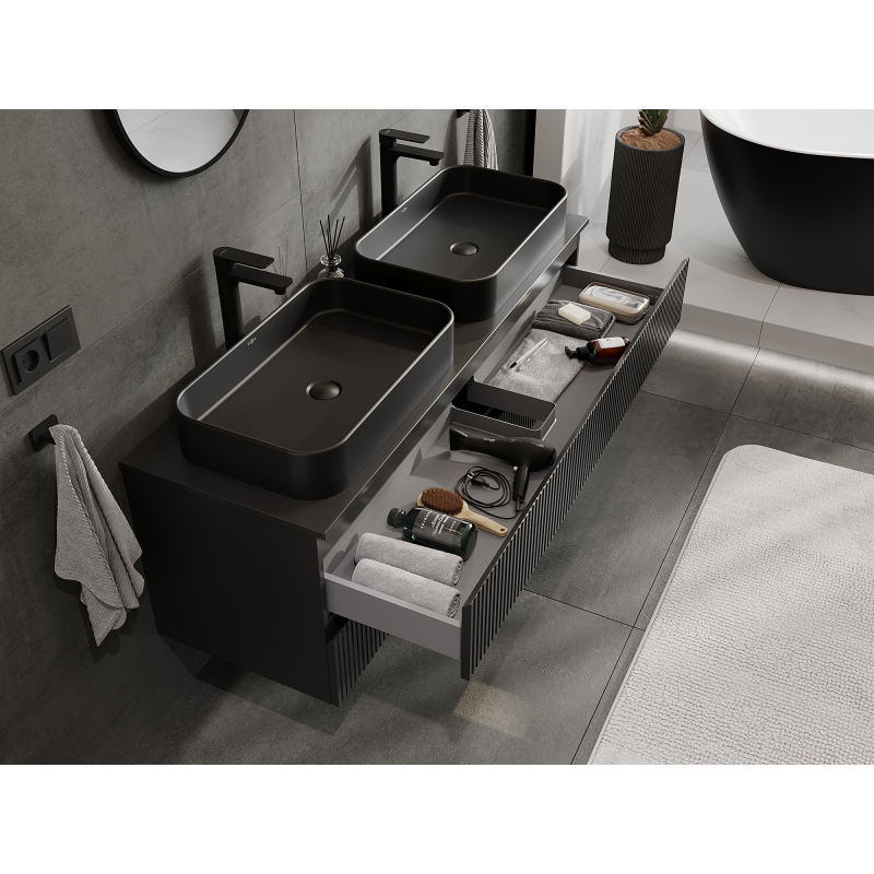 Mexen Rivel meuble de salle de bain sous lavabo 140 cm, 2 tiroirs, rainuré, noir mat - 91A20-14047-2-BFF71