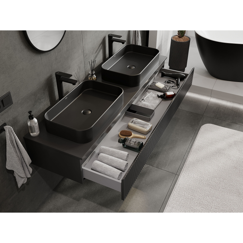 Mexen Rivel armoire de salle de bain sous lavabo 160 cm, 1 tiroir, rainurée, noir mat - 91A20-16023-1-BF71