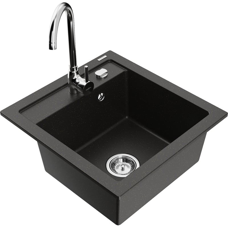 Mexen Vito évier en granit 1 cuve avec mitigeur de cuisine Telma, noir/metallic doré - 6503-75-670200-00