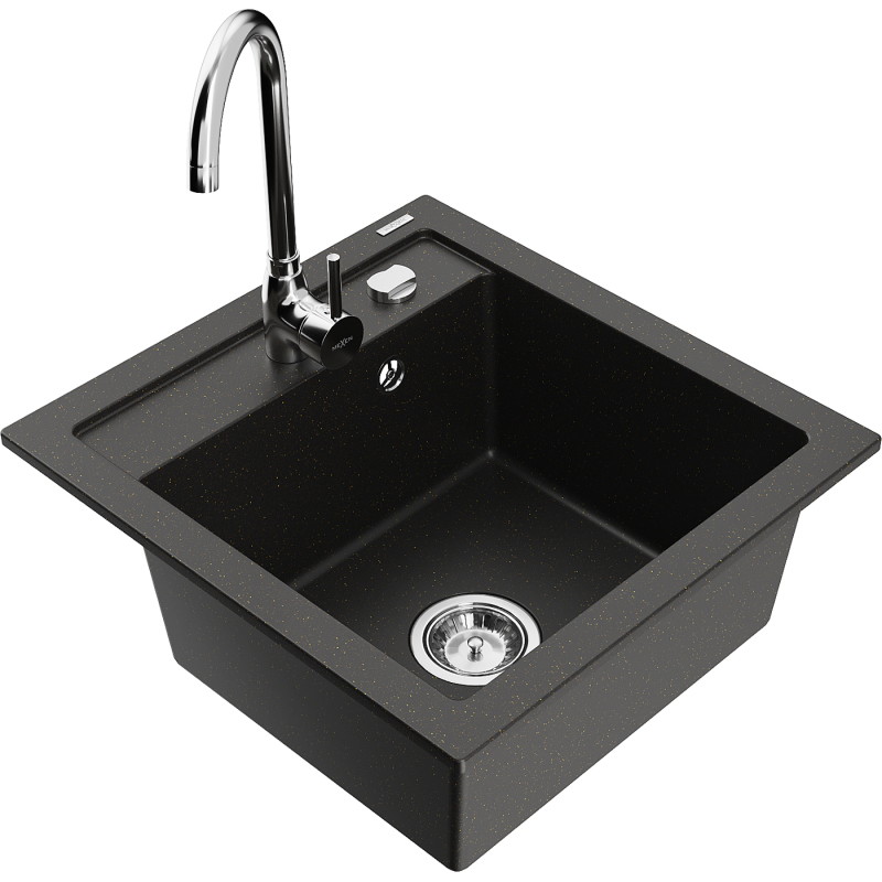 Mexen Vito évier en granit 1 cuve avec robinet de cuisine Telma, noir/or métallique - 6503-75-670200-00