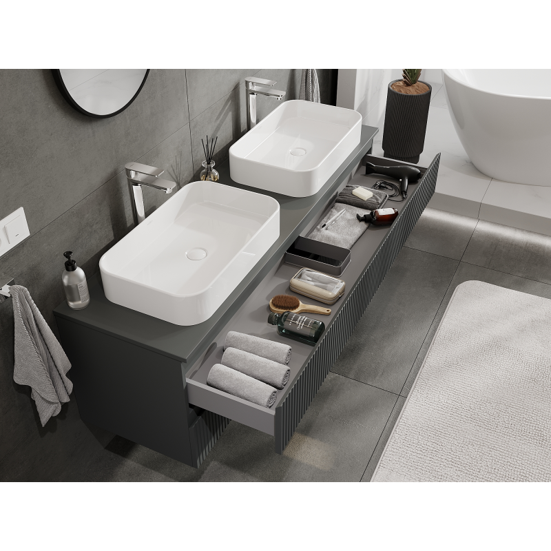Mexen Rivel meuble de salle de bains sous lavabo 160 cm, 2 tiroirs, rainuré, graphite mat - 91A20-16047-2-BFF66