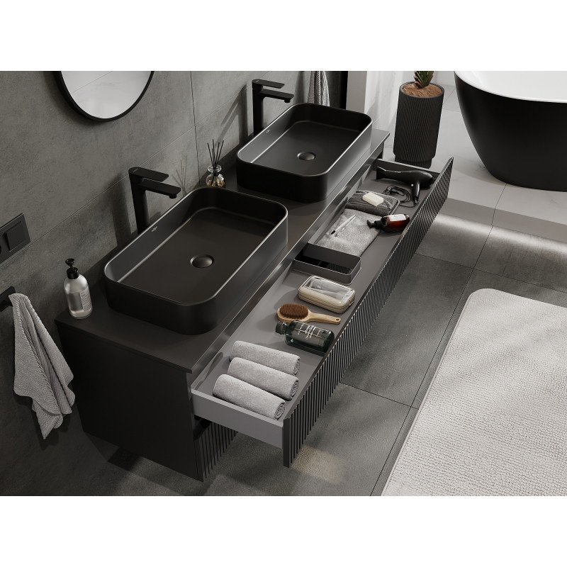 Mexen Rivel meuble de salle de bain sous-vasque 160 cm, 2 tiroirs, rainuré, noir mat - 91A20-16047-2-BFF71