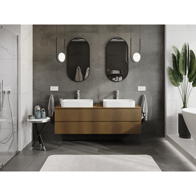 Mexen Rivel meuble de salle de bain sous-vasque 160 cm, 2 tiroirs, rainuré, noyer - 91A20-16047-2-BFF86